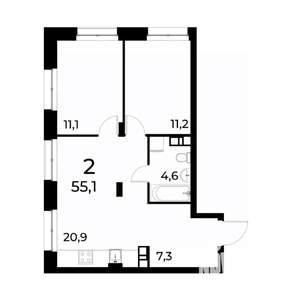 2-к квартира, вторичка, 55м2, 17/20 этаж