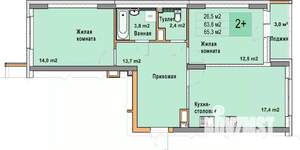 2-к квартира, вторичка, 65м2, 6/25 этаж