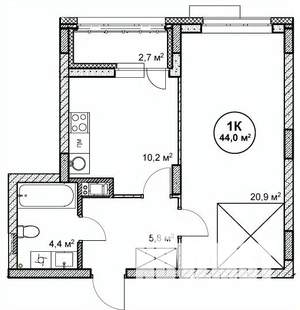 1-к квартира, вторичка, 44м2, 13/14 этаж
