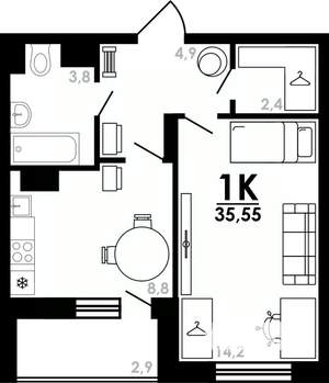 1-к квартира, вторичка, 36м2, 12/25 этаж