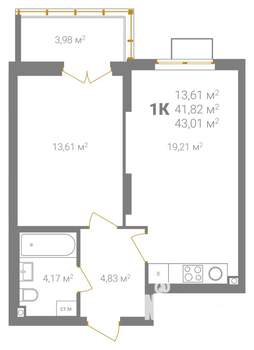 1-к квартира, вторичка, 43м2, 2/18 этаж