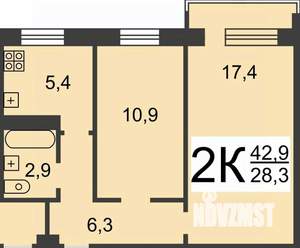 2-к квартира, вторичка, 43м2, 1/5 этаж