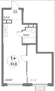 1-к квартира, строящийся дом, 43м2, 9/22 этаж