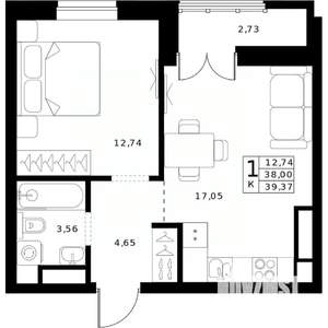 1-к квартира, строящийся дом, 39м2, 21/24 этаж