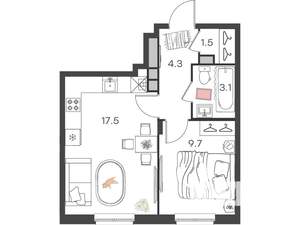 1-к квартира, вторичка, 36м2, 1/4 этаж