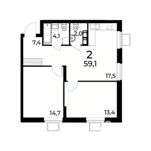 2-к квартира, вторичка, 59м2, 3/15 этаж