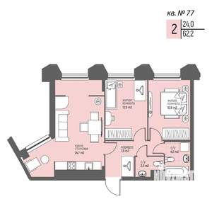 2-к квартира, вторичка, 62м2, 6/25 этаж