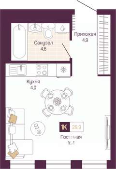 Студия квартира, вторичка, 30м2, 9/12 этаж