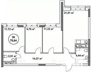 3-к квартира, вторичка, 76м2, 21/22 этаж