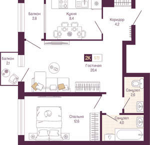 2-к квартира, вторичка, 54м2, 4/19 этаж