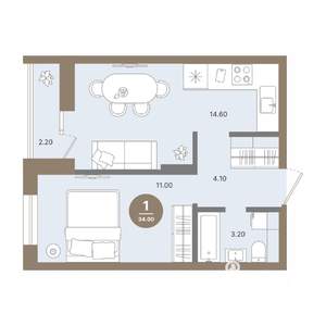 1-к квартира, строящийся дом, 34м2, 16/18 этаж