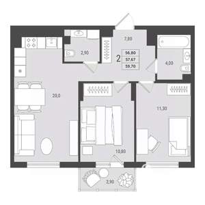 2-к квартира, вторичка, 58м2, 10/10 этаж