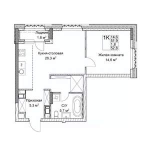 Студия квартира, вторичка, 52м2, 5/9 этаж