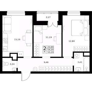 2-к квартира, строящийся дом, 55м2, 11/24 этаж