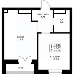 1-к квартира, строящийся дом, 41м2, 24/24 этаж