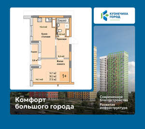 1-к квартира, вторичка, 38м2, 18/25 этаж