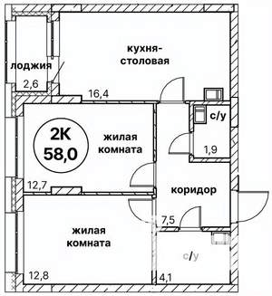 2-к квартира, вторичка, 58м2, 6/13 этаж