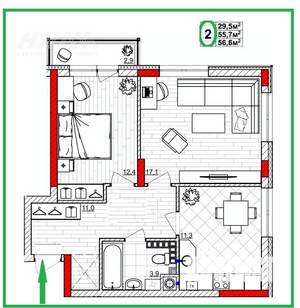 2-к квартира, вторичка, 57м2, 4/4 этаж