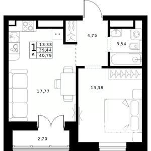 1-к квартира, строящийся дом, 41м2, 24/24 этаж
