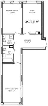 2-к квартира, строящийся дом, 71м2, 9/13 этаж