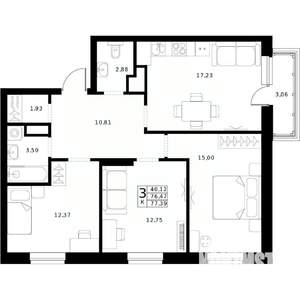 3-к квартира, строящийся дом, 77м2, 16/24 этаж