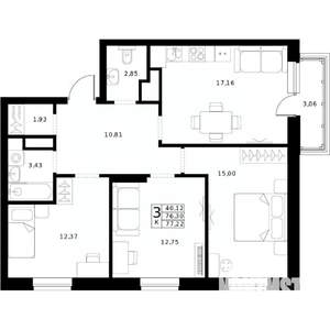 3-к квартира, строящийся дом, 77м2, 20/24 этаж