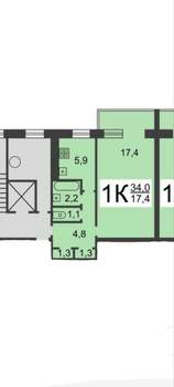 1-к квартира, вторичка, 34м2, 7/9 этаж