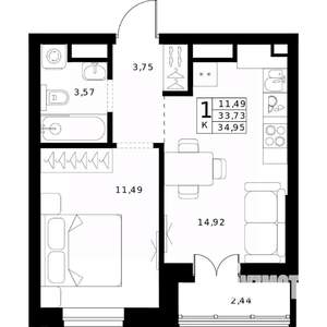1-к квартира, строящийся дом, 35м2, 13/24 этаж