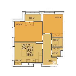 2-к квартира, строящийся дом, 60м2, 25/27 этаж