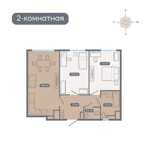2-к квартира, строящийся дом, 57м2, 3/18 этаж