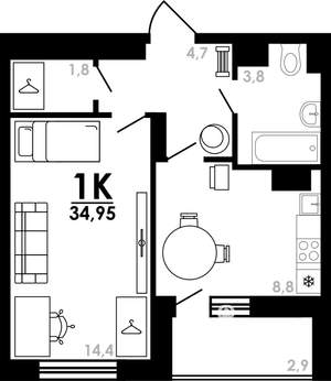 1-к квартира, вторичка, 35м2, 7/25 этаж