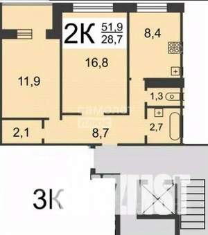 2-к квартира, вторичка, 52м2, 7/9 этаж
