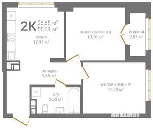 2-к квартира, вторичка, 55м2, 8/24 этаж