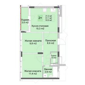 2-к квартира, строящийся дом, 53м2, 3/10 этаж