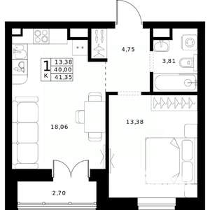 1-к квартира, вторичка, 41м2, 9/24 этаж