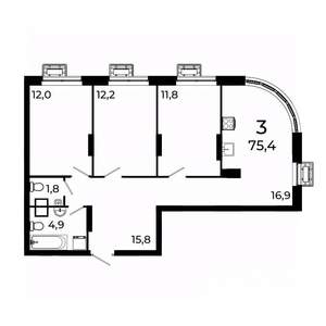 3-к квартира, вторичка, 75м2, 8/19 этаж