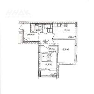 2-к квартира, вторичка, 52м2, 5/25 этаж