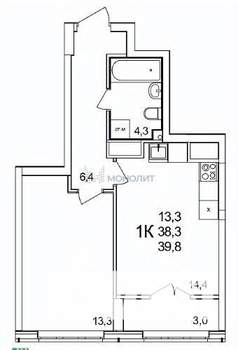 1-к квартира, вторичка, 39м2, 8/25 этаж