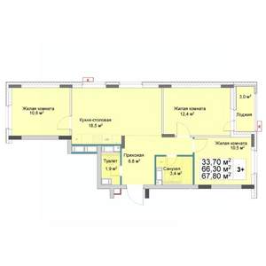 3-к квартира, вторичка, 68м2, 10/12 этаж