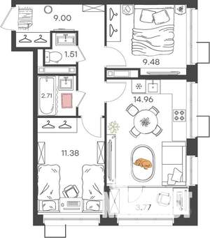 2-к квартира, вторичка, 53м2, 6/17 этаж