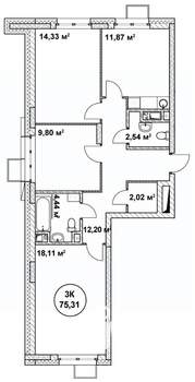 3-к квартира, строящийся дом, 75м2, 11/22 этаж