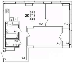 2-к квартира, строящийся дом, 59м2, 10/25 этаж