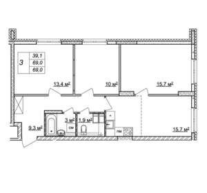 3-к квартира, строящийся дом, 69м2, 4/25 этаж
