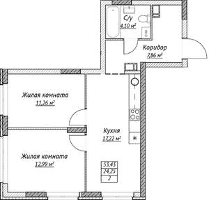 2-к квартира, строящийся дом, 53м2, 6/14 этаж