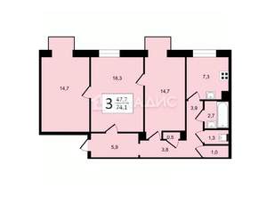 3-к квартира, вторичка, 74м2, 4/4 этаж