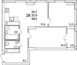 2-к квартира, вторичка, 59м2, 17/25 этаж