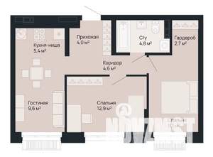 2-к квартира, строящийся дом, 55м2, 1/9 этаж