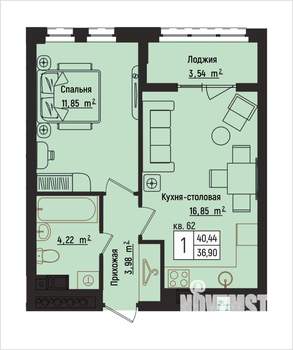 1-к квартира, вторичка, 40м2, 8/15 этаж