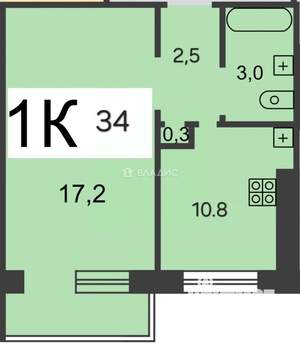 1-к квартира, вторичка, 34м2, 2/9 этаж