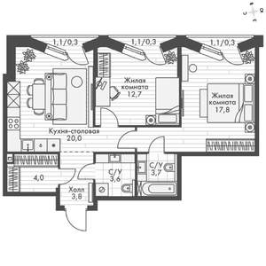 2-к квартира, вторичка, 67м2, 16/20 этаж